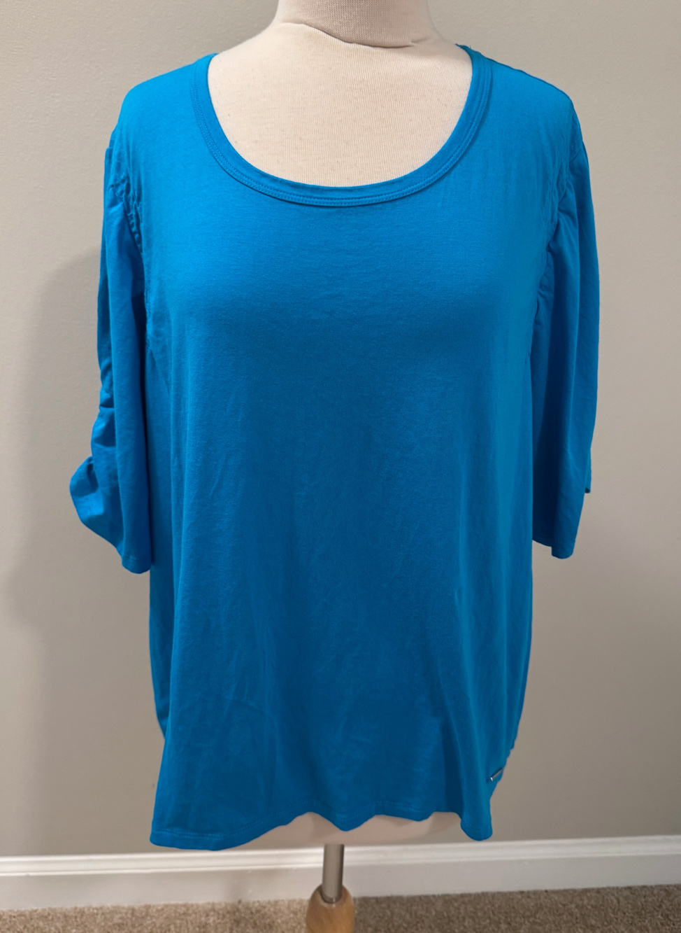 Calvin Klein Womens 3X Top Turquoise Blue Ruched Elbow Sleeve Scoop Neck Shirt